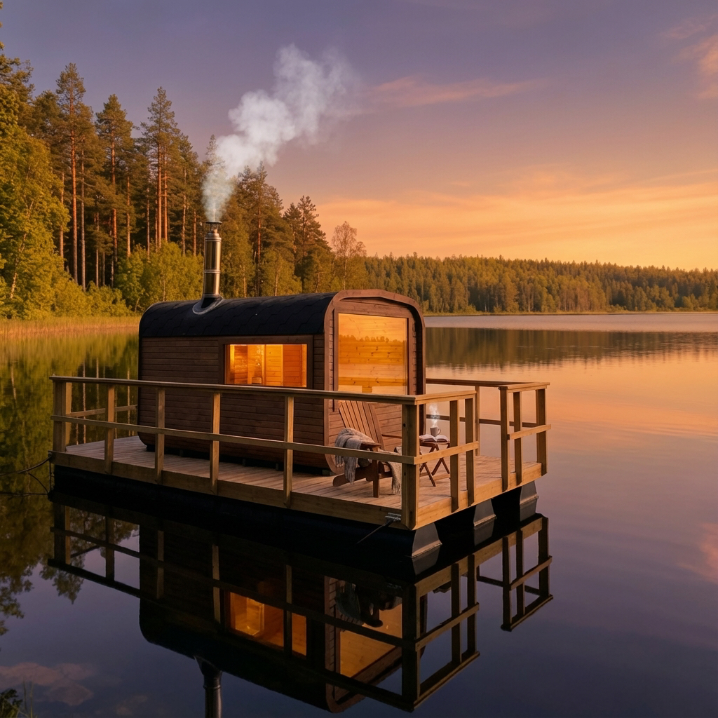 Flytande bastu vid sjö i solnedgång